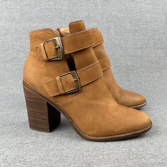Steve Madden Boots Womens 8.5 Tan Leather Buckle Heel Boho Western Cowgirl Ankle - Picture 1 of 16